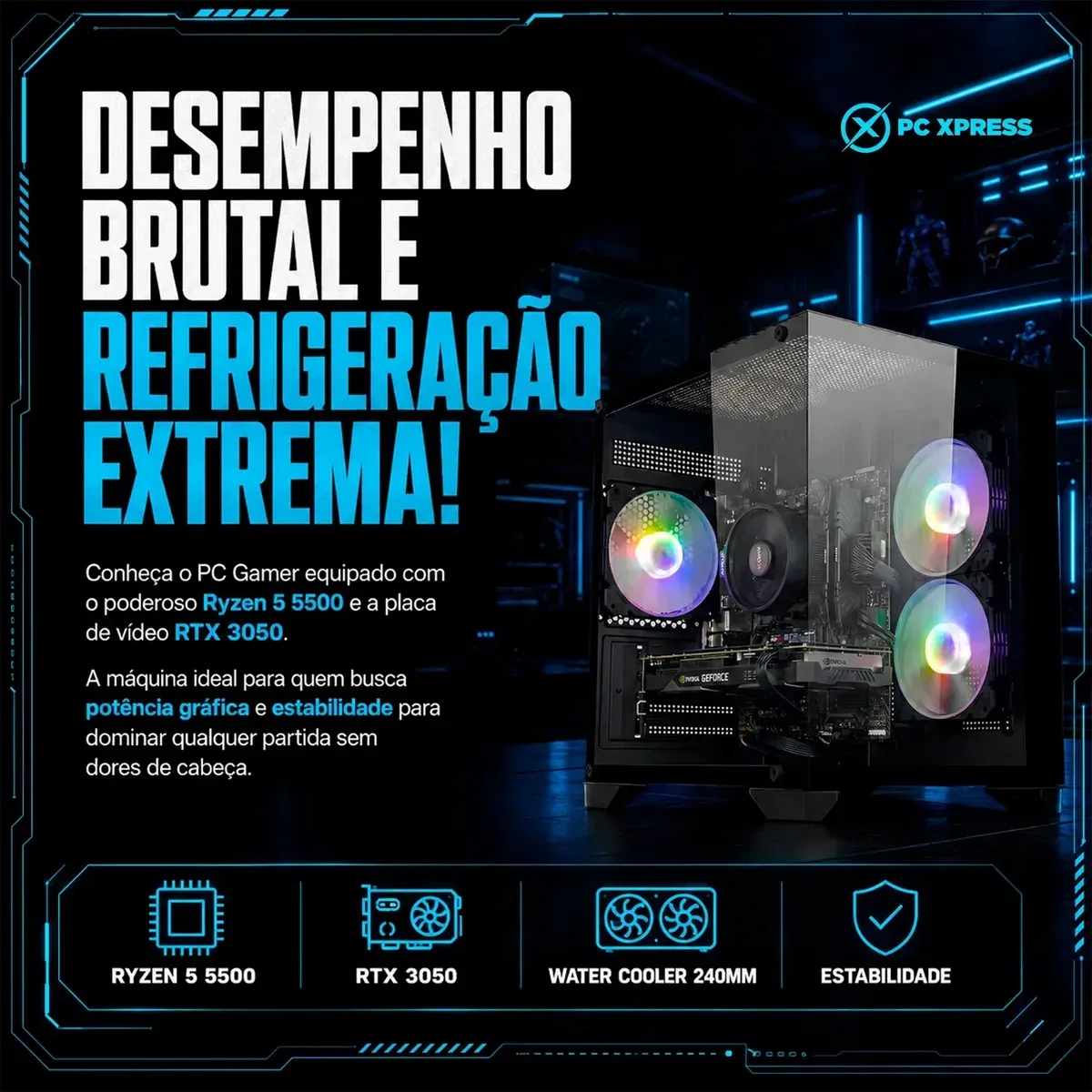 Pc Gamer Combat Rtx Ryzen 5 5500 Rtx 3050 16gb 1tb Wc 240mm - R$ 5.612,59