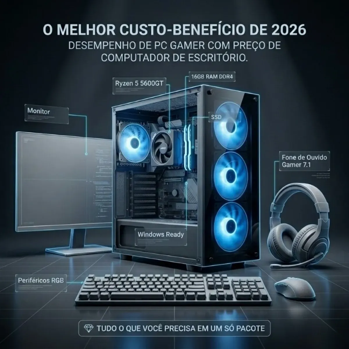 Pc Gamer Completo Amd Ryzen 5 5600gt 16gb 240gb Monitor 19 - R$ 3.912