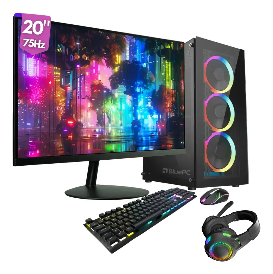 PC Gamer Completo AMD Ryzen 5 5600GT, Placa mãe A520, Gráficos Radeon VEGA 7, 16GB DDR4 3200Mhz, SSD 480GB, Monitor 20" 75Hz, Fonte 500W Bivolt, Preto, com iluminação RGB, BluePC - Pulse PGF-0100PU - R$ 3.449,4