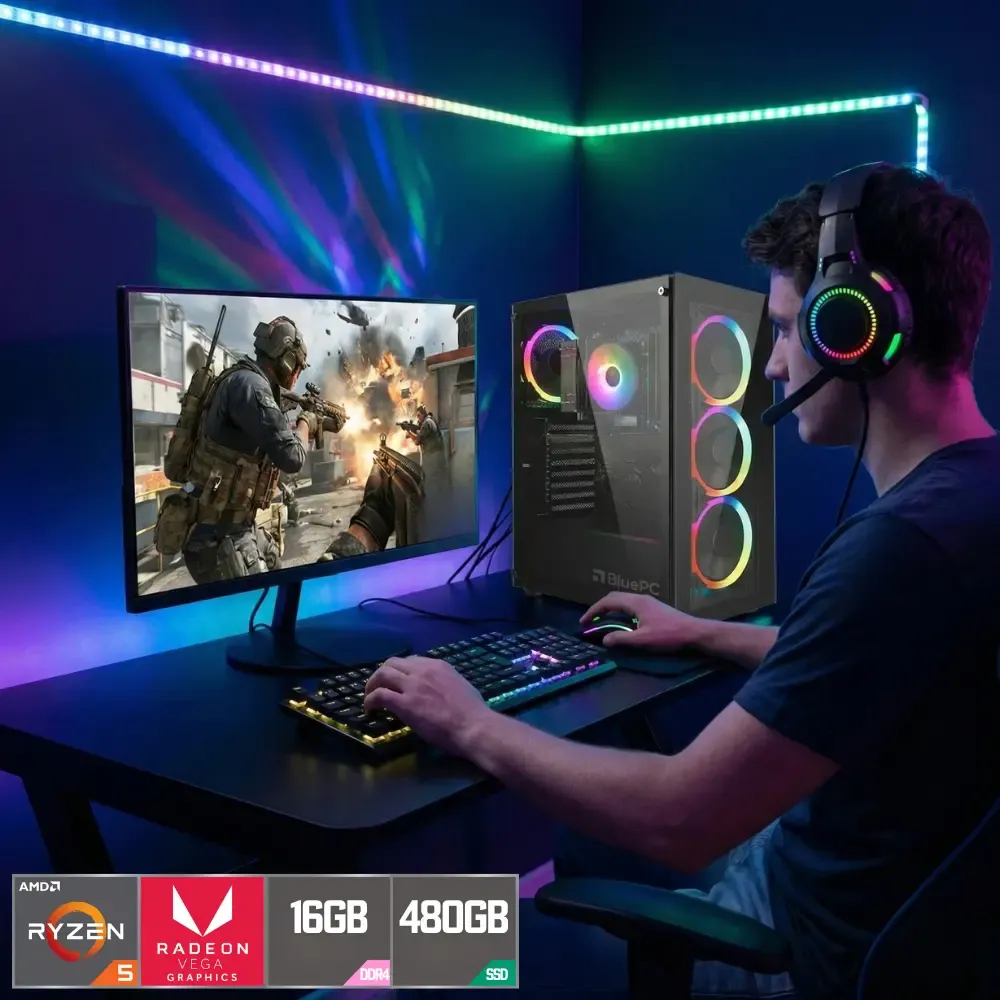 PC Gamer Completo AMD Ryzen 5 5600GT, Placa mãe A520, Gráficos Radeon VEGA 7, 16GB DDR4 3200Mhz, SSD 480GB, Monitor 20" 75Hz, Fonte 500W Bivolt, Preto, com iluminação RGB, BluePC - Pulse PGF-0100PU - R$ 3.449,4