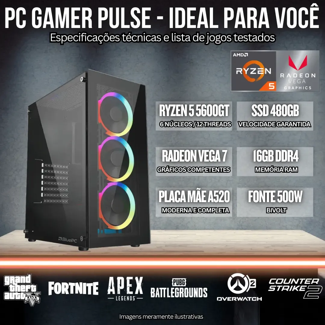 PC Gamer Completo AMD Ryzen 5 5600GT, Placa mãe A520, Gráficos Radeon VEGA 7, 16GB DDR4 3200Mhz, SSD 480GB, Monitor 20" 75Hz, Fonte 500W Bivolt, Preto, com iluminação RGB, BluePC - Pulse PGF-0100PU - R$ 3.449,4