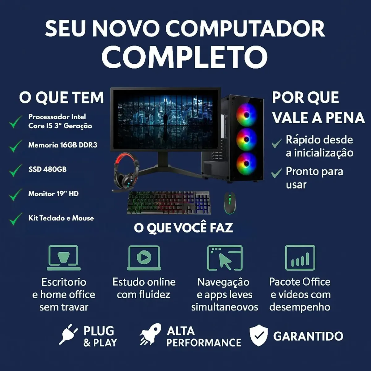 Pc Gamer Completo Intel I5 16gb Ssd 480gb 500w Monitor 19 - R$ 1.882,63