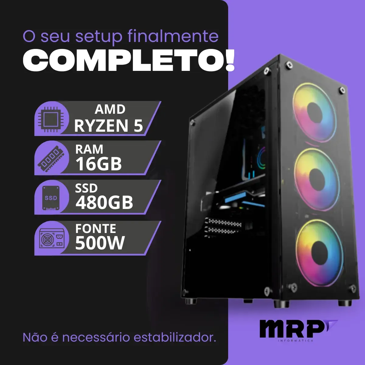 Pc Gamer Computador Cpu Amd Ryzen 5 16gb Ssd 480 - R$ 2.974,17