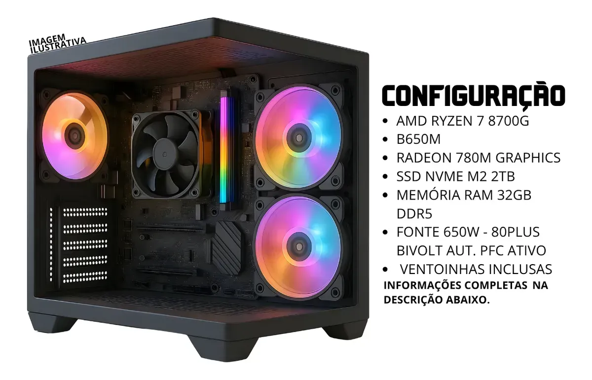 Pc Gamer Cpu Amd Ryzen 7 8700g, 32gb Ddr5, Ssd M2 2tb, B650m - R$ 8.499,9