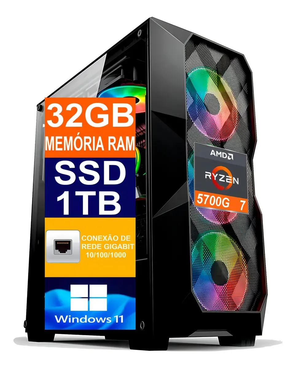 Pc Gamer Cpu Ryzen 7 5700g, Ssd 1tb, 32gb Ddr4, B550m, 700w - R$ 4.899