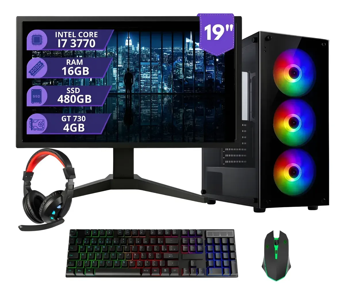 Pc Gamer I7 3.4ghz 16gb Ssd 480gb Placa Video 4gb Monitor 19 - R$ 2.415,08