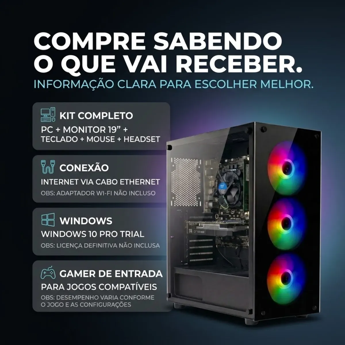 Pc Gamer I7 3.4ghz 16gb Ssd 480gb Placa Video 4gb Monitor 19 - R$ 2.415,08