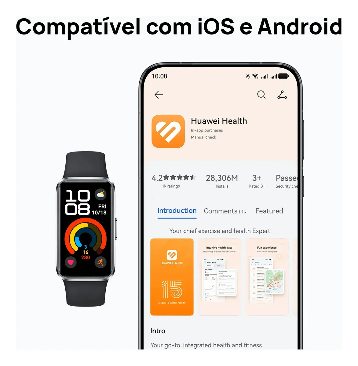 Smartwatch HUAWEI Band 10 Caixa de Polímeros Duráveis Análise do Sono em Nível Profissional Assistente de Bem-estar Emocional Relógio Smartwatch Compatível com Android e iOS Preto