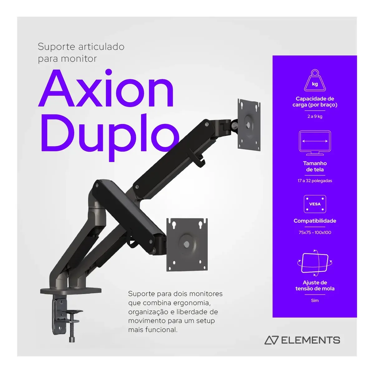 Suporte Monitor Articulado Duplo Elements Axion Preto - R$ 999