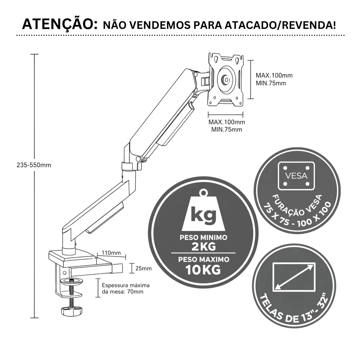 Suporte Para Monitores Articulado De Mesa Pistão A Gás 13-32 - R$ 114,3