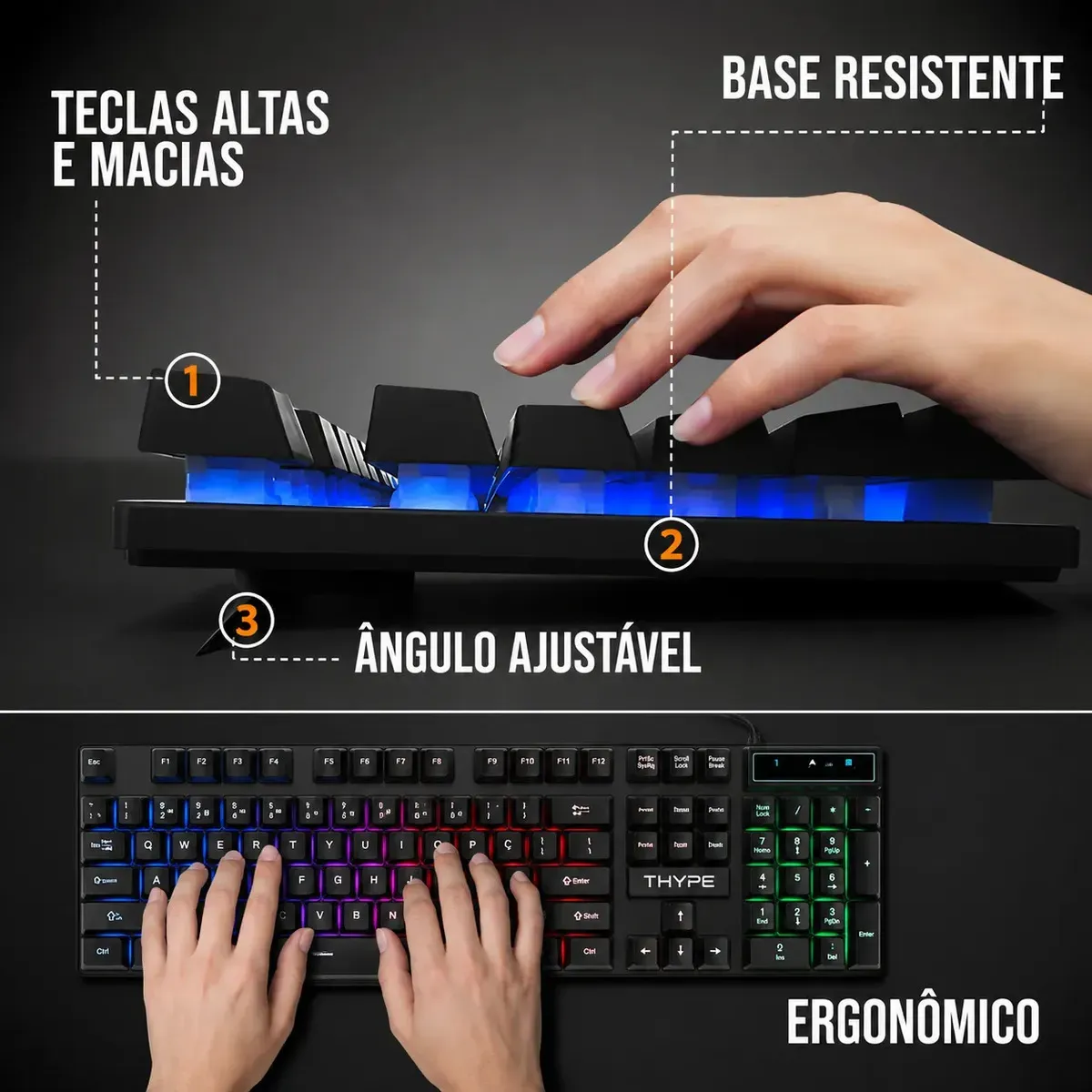 Teclado THYPE semimecânico QWERTY com luz RGB e teclas anti-ghost preto