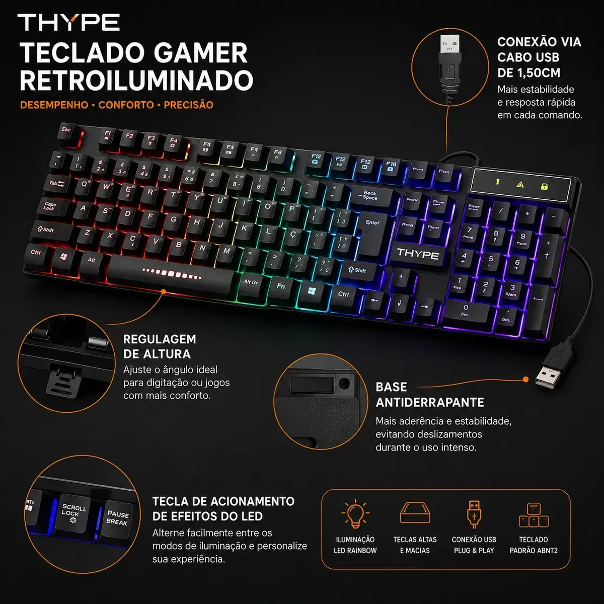 Teclado THYPE semimecânico QWERTY com luz RGB e teclas anti-ghost preto