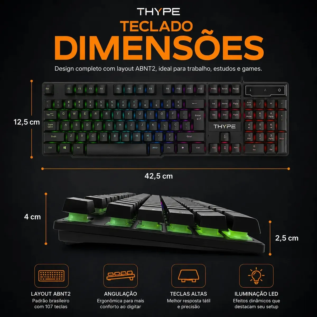 Teclado THYPE semimecânico QWERTY com luz RGB e teclas anti-ghost preto